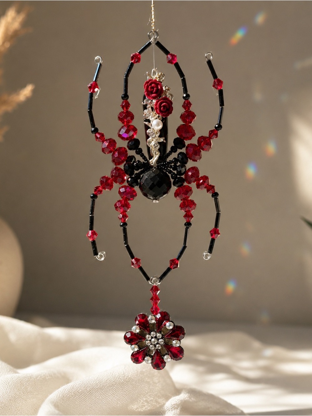 Handcrafted Recycled Jewelry Spider Suncatcher - Crimson Gothic Prism Decor